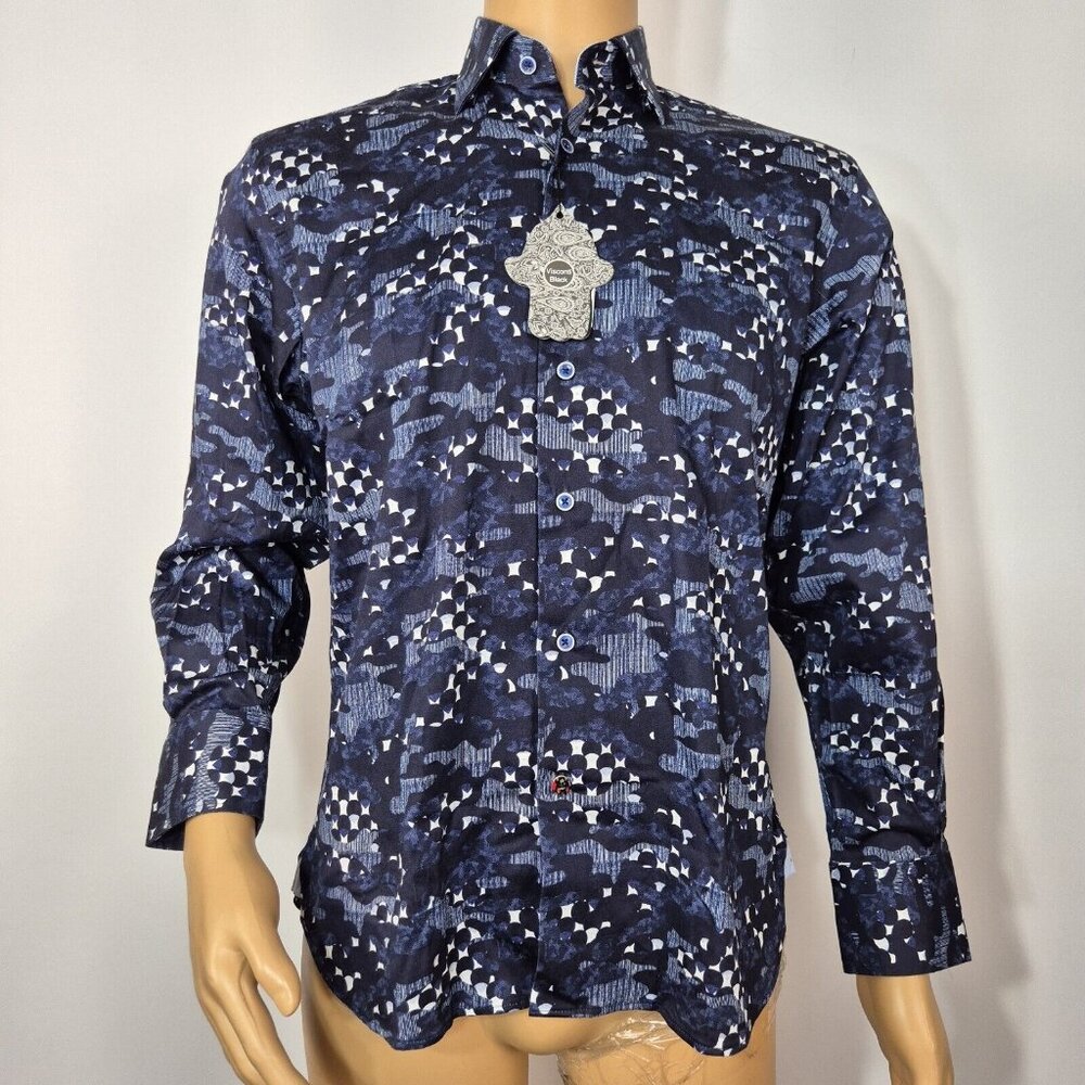 Visconti Black Button Up Flip Cuff Long Sleeve Shirt Men's Size S Navy Blue 4